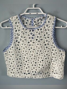 English Factory White Eyelet Cropped Shell Tank Blue Gingham Trim Size S